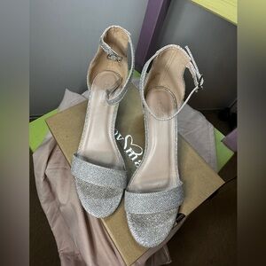 Open Toe Silver Glitter Strappy 1.5” Heel Sandals